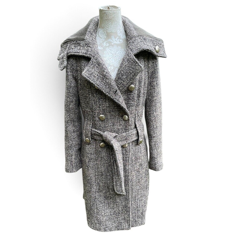 Preppy Calvin Klein Tweed Knit Collar Double Breasted Trench Coat Taupe Brown 10